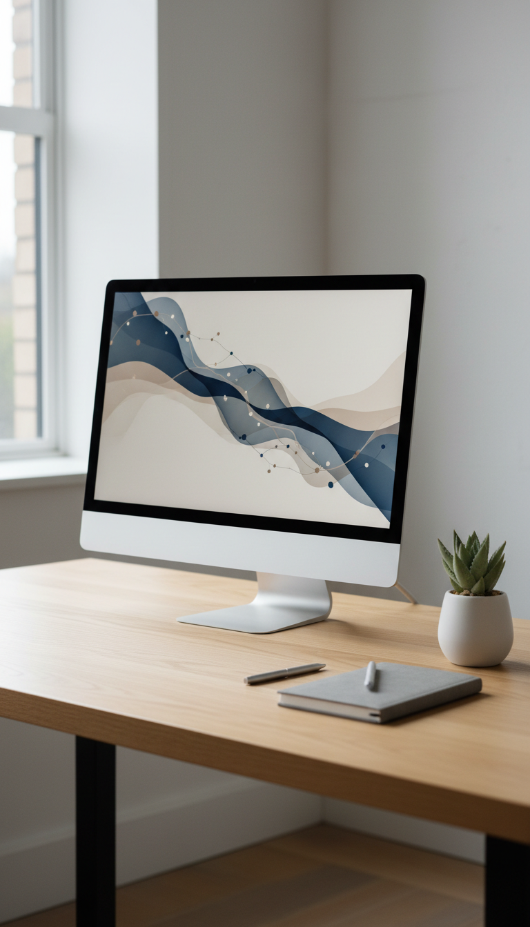 A refined workstation scene featuring a streamlined, modern desktop computer with a softly glowing screen displaying elegant data visualizations in muted blue and taupe tones. The computer sits atop a light oak desk, flanked by a slim, closed notebook and a discreet ceramic planter with a small, sculptural succulent. Natural overcast daylight streams in from the left, creating diffuse highlights and a calm ambiance. The clean composition uses rule of thirds and maintains crisp focus across the scene, producing a harmonious balance between technical sophistication and quiet authority. The minimalist, photographic style underscores the site’s focus on responsible innovation and thoughtful systems leadership in education.