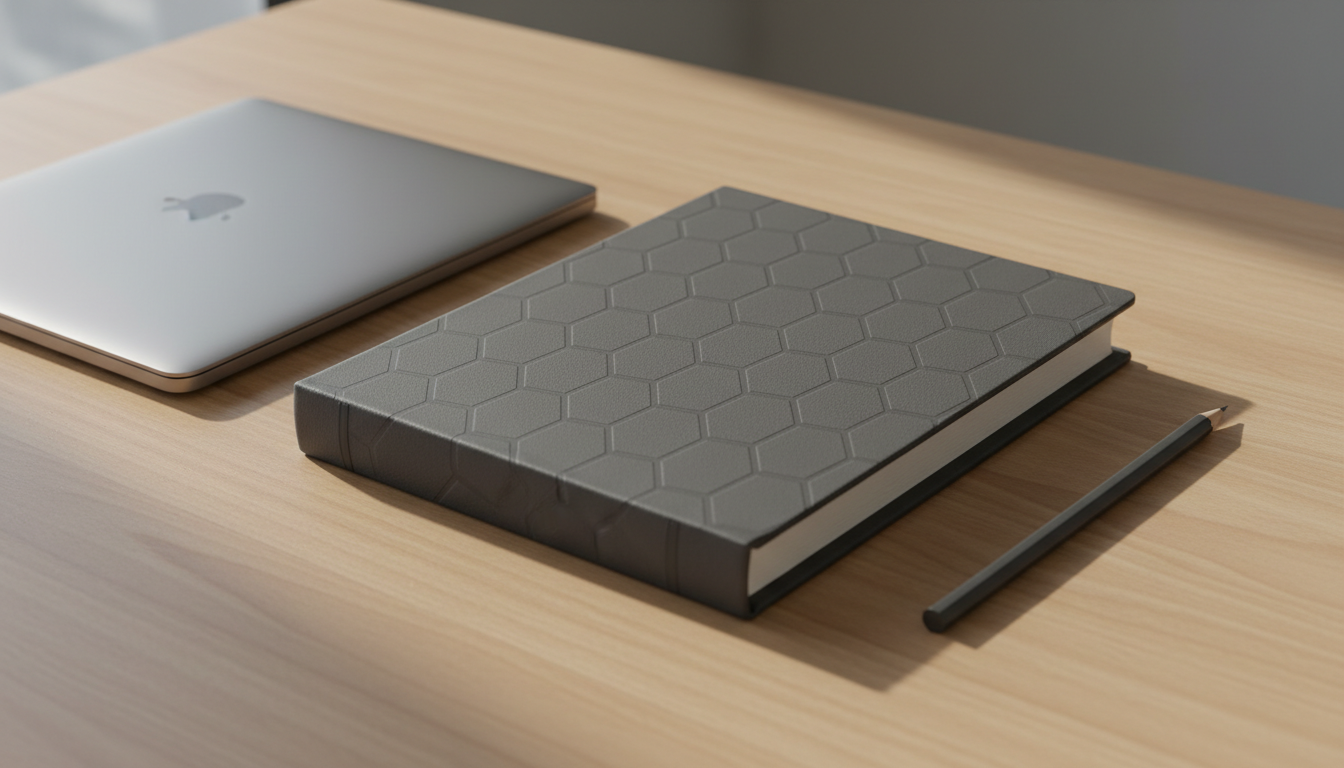 An elegant, matte-finish hardcover journal embossed with a subtle geometric pattern, its spine gently creased from use. The journal rests on a minimalist maple desktop with sleek edges, surrounded only by a single graphite pencil and a closed laptop in muted silver. Soft morning light filters in at a diagonal from an unseen window, producing gentle highlights along the journal’s surface and casting barely-there shadows. The mood is contemplative yet inviting, exuding professionalism and a quiet dedication to thoughtful reflection. The composition is centered and eye-level, emphasizing simplicity and order, while a shallow depth of field achieves photographic realism with an understated, sophisticated palette. This image visually reinforces the site’s commitment to introspective, value-driven educational leadership.