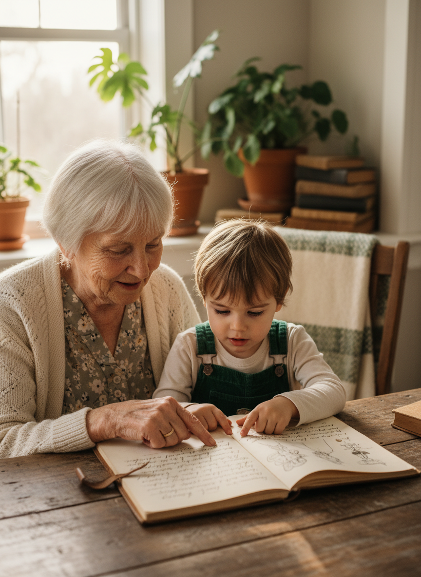 A grandmother and child sharing a story together at a wooden table
